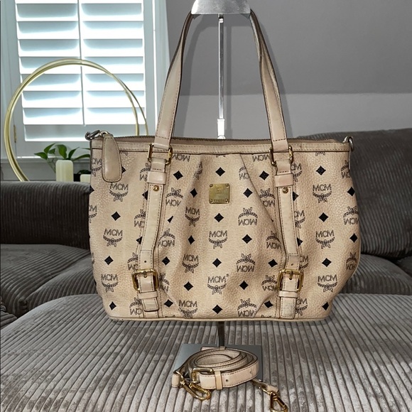 MCM Visetos Cream/BlackTote Bag with Iconic Logo Pattern and Gold Accents